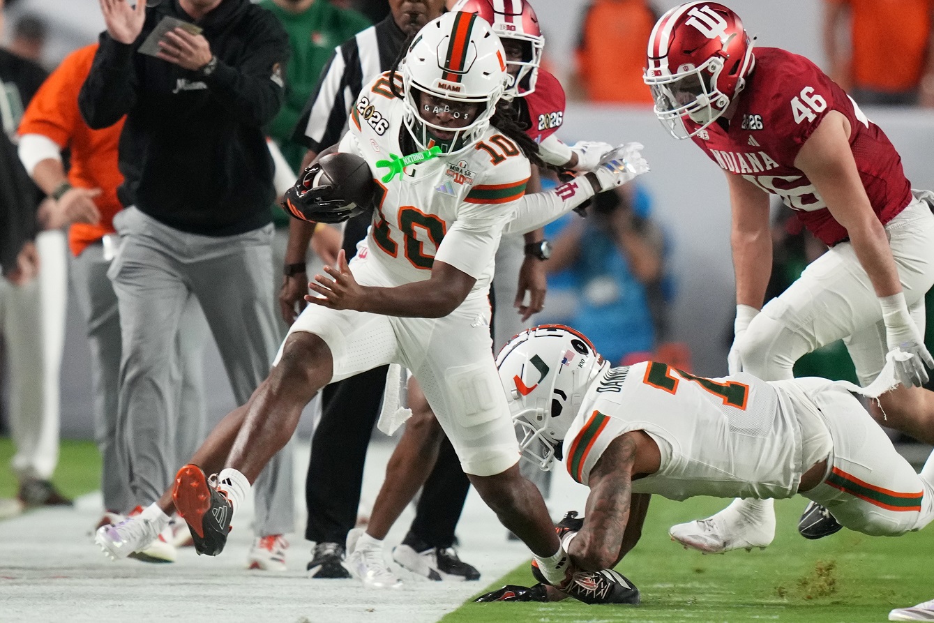 Miami wide receiver Malachi Toney runs with the ball against Indiana in the national championship game
